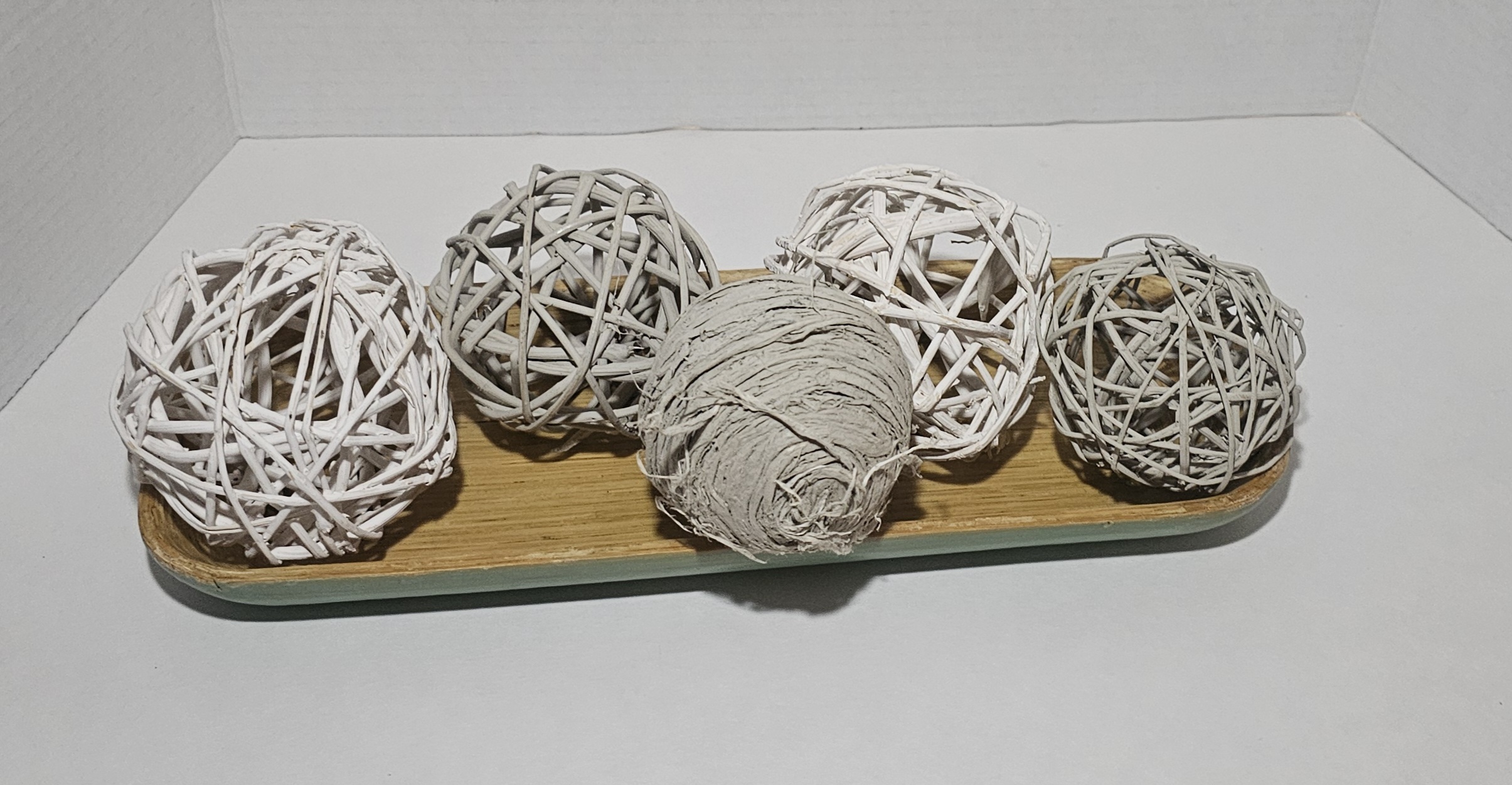 Gray & White Decorative Spheres with Bamboo style display tray.