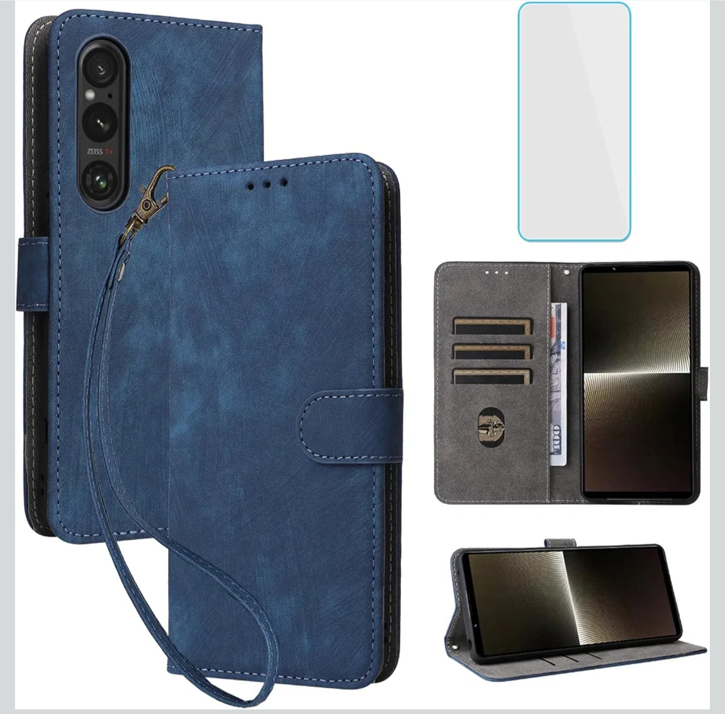RFID Wallet Phone Case for Sony Xperia 1 V IBlue with Screen Protector