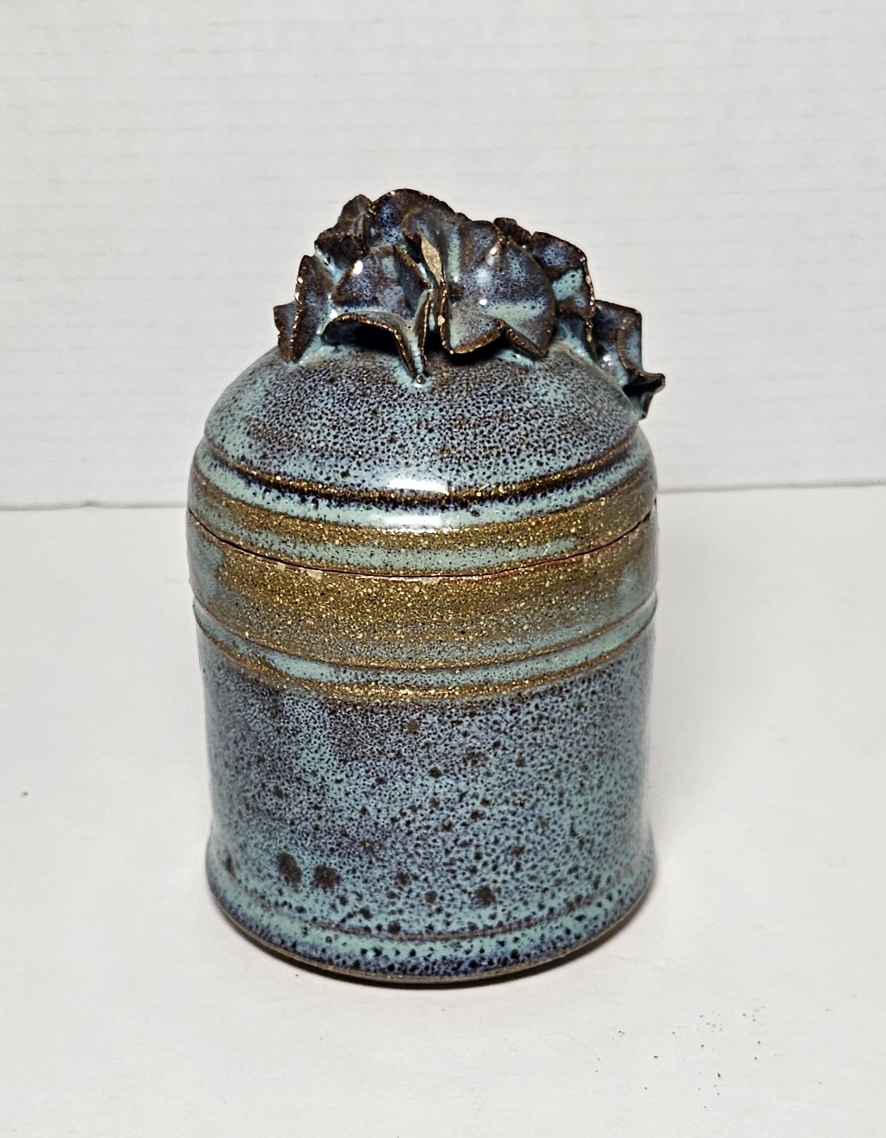 Handmade Studio Pottery Blue Green Floral Keyed Lid Trinket Jar