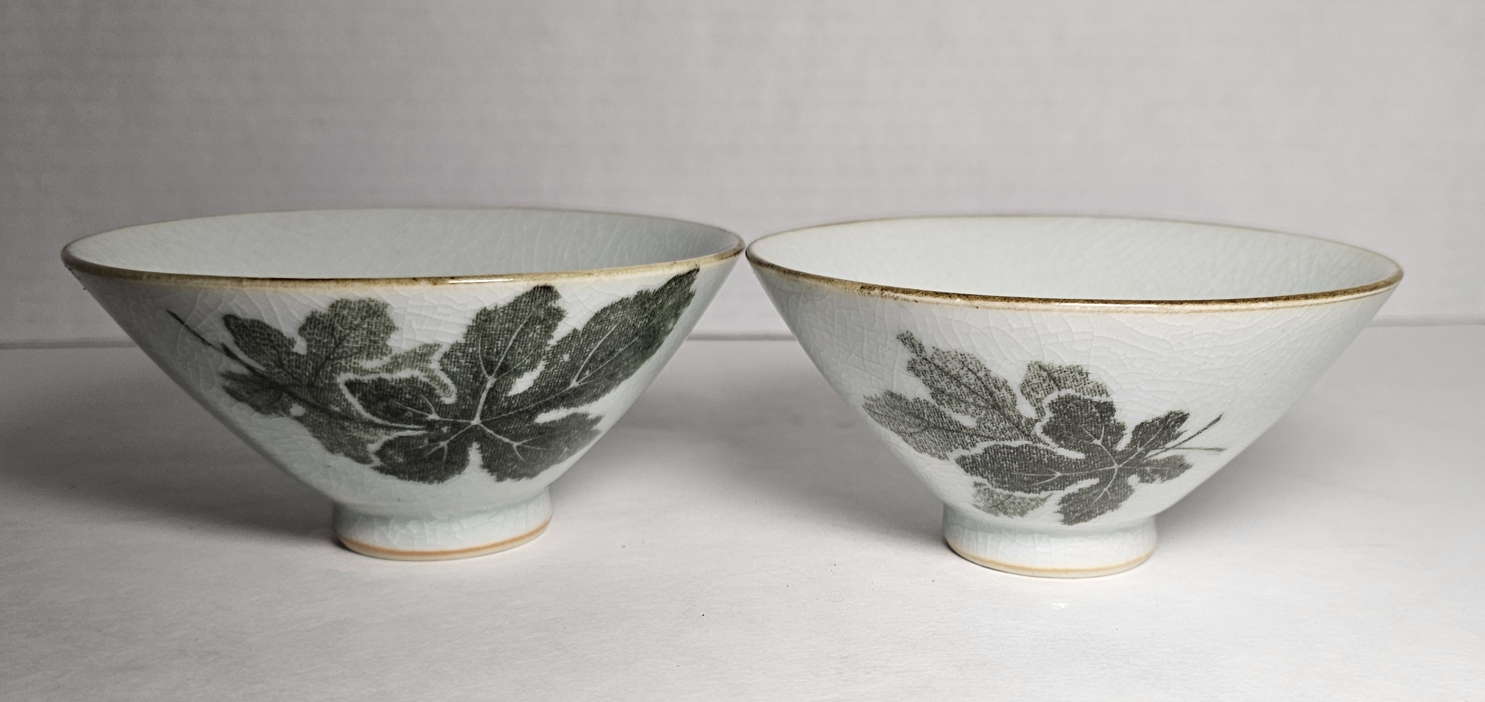 Two Vintage Japanese Stoneware Rice Bowls with maple leaf design