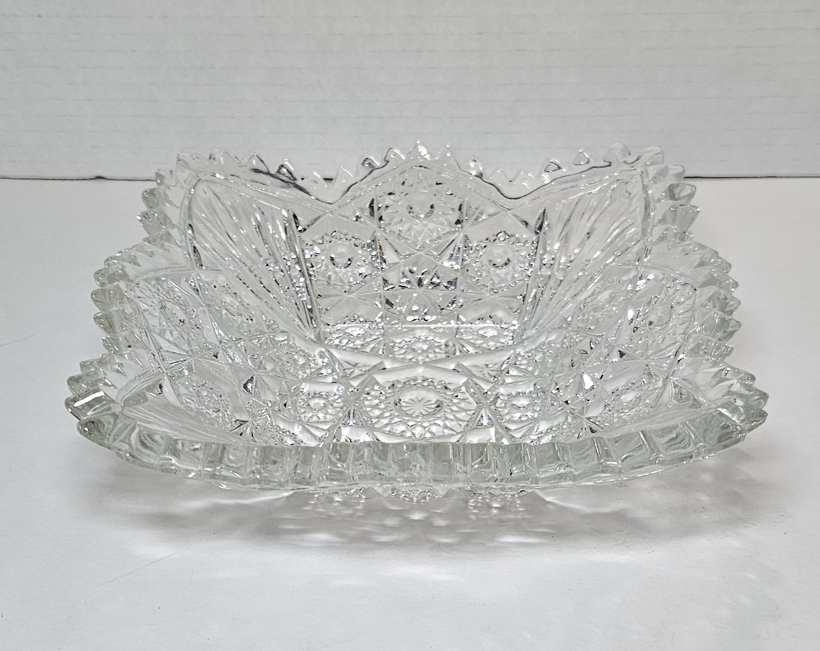 Antique 6.5" IDC Square Glass Bowl Ornate Blazing Stars Reeds Heavy