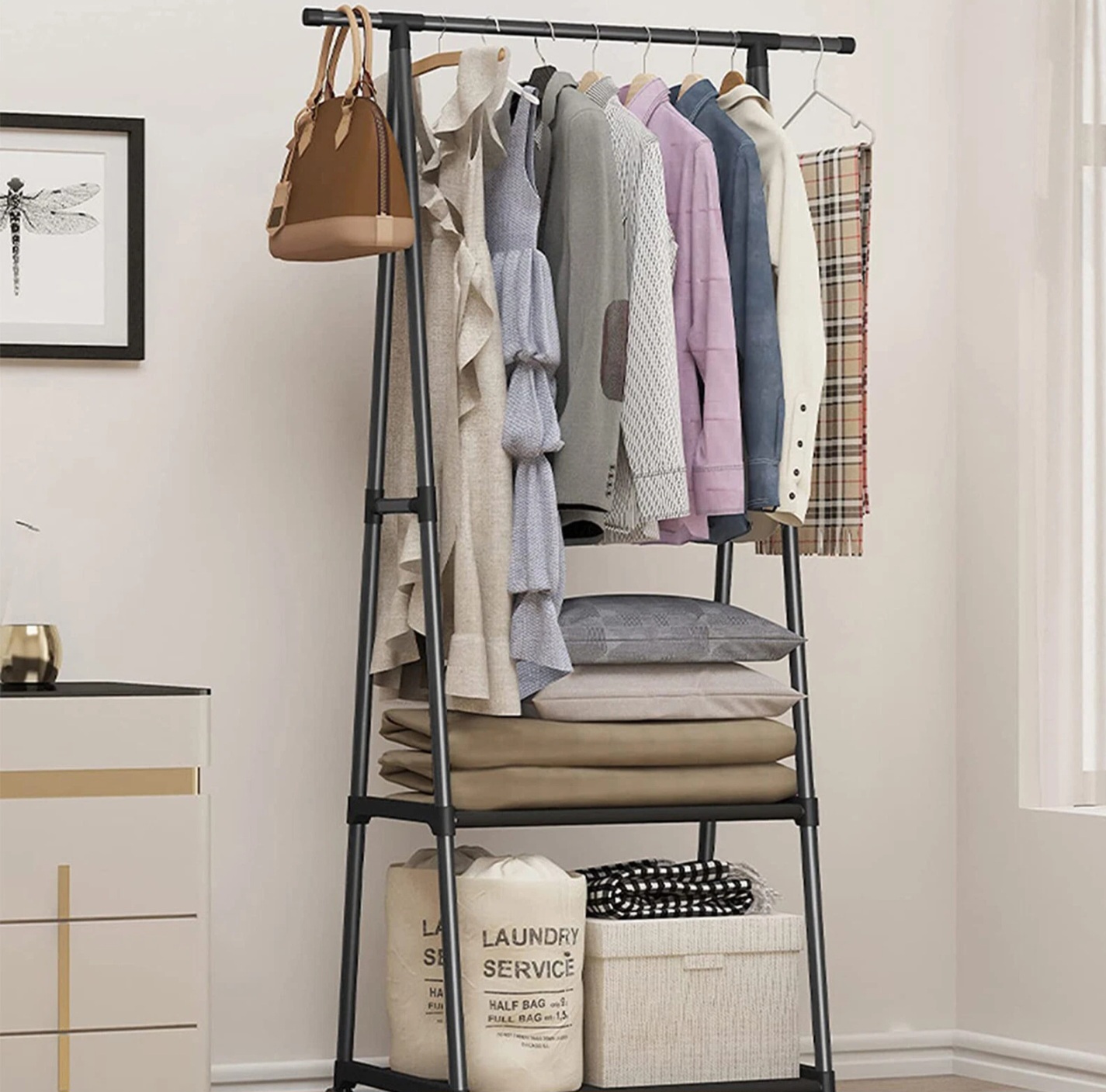 Clothes Rack On Wheels Rolling Garment Hanger Organizer W 2Tier Shelves Storage
