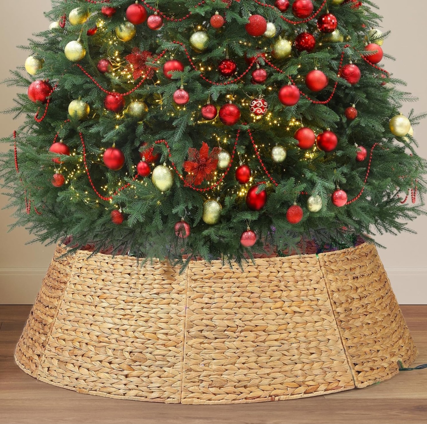 42 Inch Extra Large Christmas Tree Collar, 8 Piece Durable Hyacinth Christmas Tree Base Cover, Handmade Wicker Xmas Tree Collar Adjustable Tree Skirt for Artificial Tree Pencil Tree - Nature