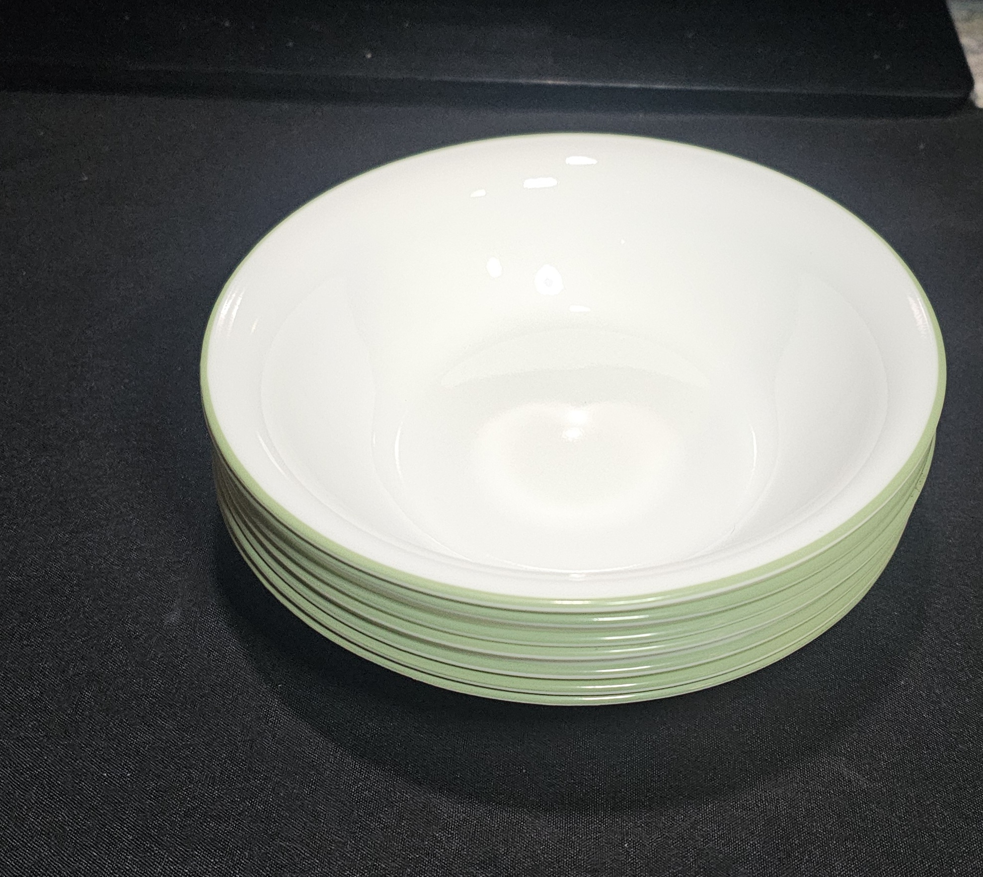 Corelle by Corning "CALLAWAY" Set/7 Soup/Cereal Retired 2019 EUC USA Green Rim