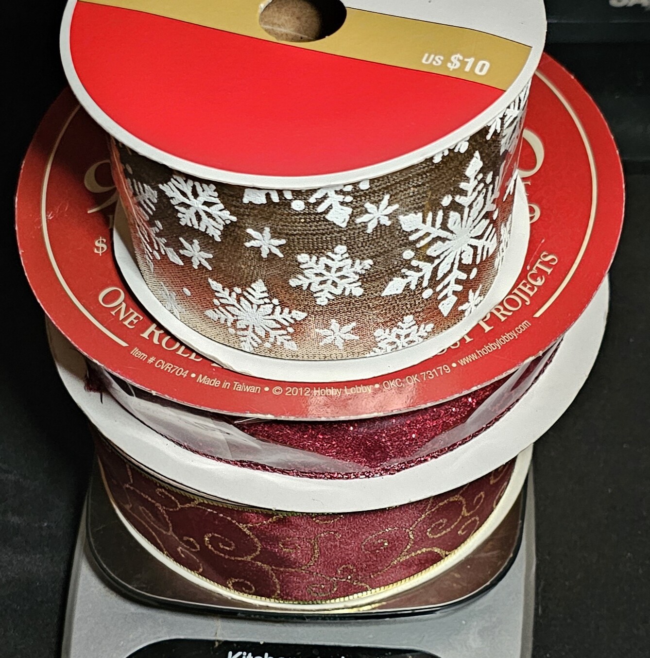 Elegant Christmas Wire Edged Ribbon Set Deep Red W/Gold, Gold With Snowflakes, And Burgundy With Burgundy Retanglessealed