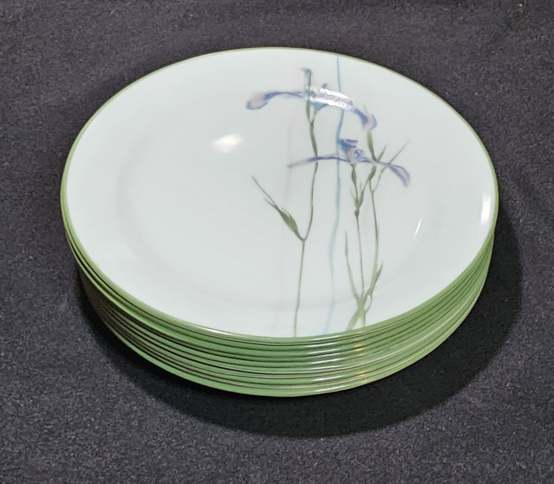 Set of 10 - CORELLE Shadow Iris Dessert Salad Plates 7.25” Green Edge Vintage