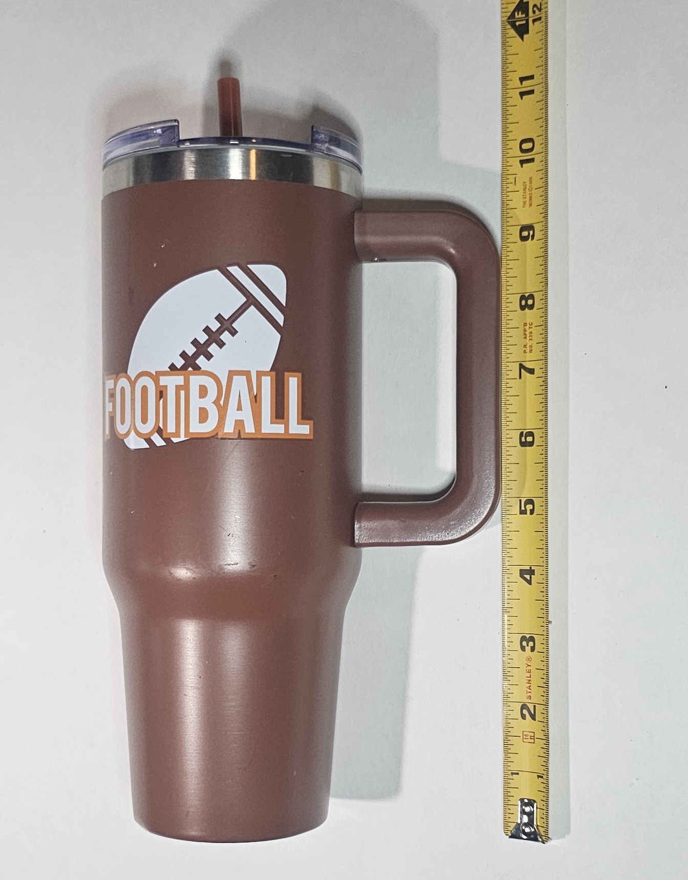 40oz stainless steel Brown Football tumbler with Handle Lid & Straw
