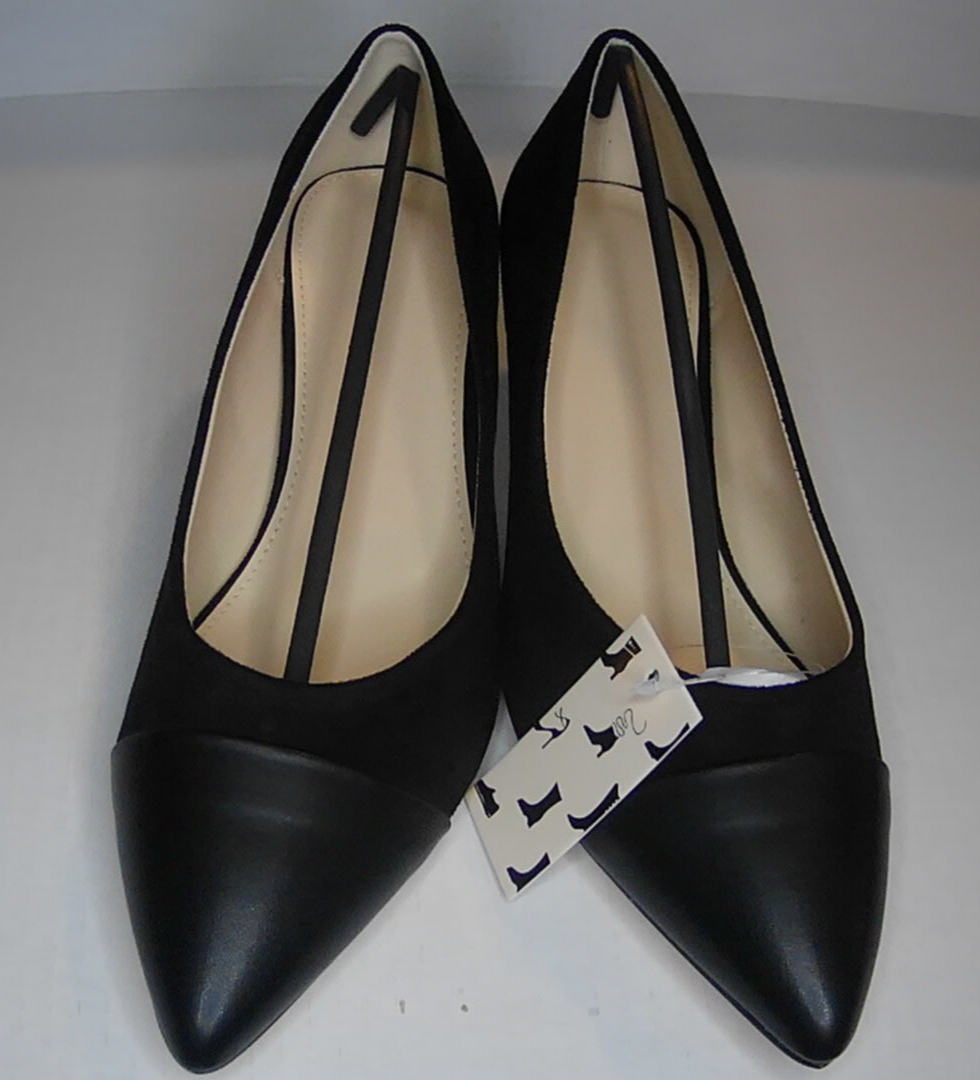 Women’s Pointed Toe Low Kitten Heel Pumps, Classic Office Dress Shoes with Faux Leather Cap Toe, Comfortable Work Heels