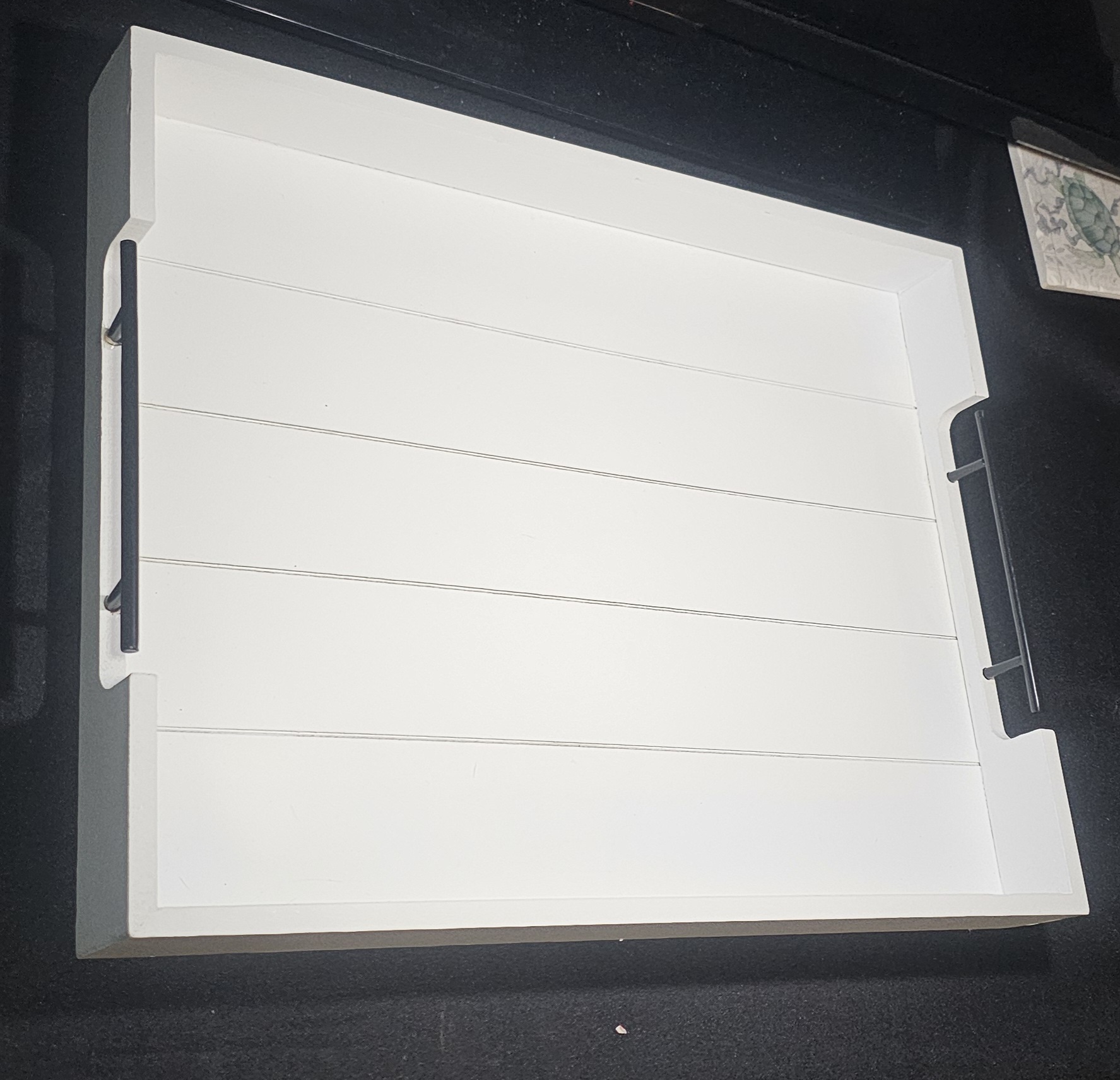Serving Wood Tray, White with Black Metal Handles 17" x12"