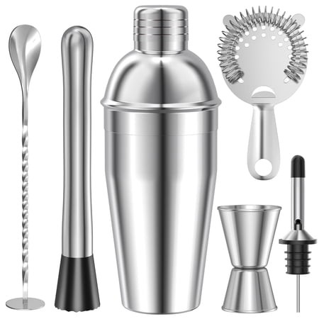 Tinana 6-Piece Cocktail Shaker Set 24oz Strainer Muddler Jigger Mixing Silver