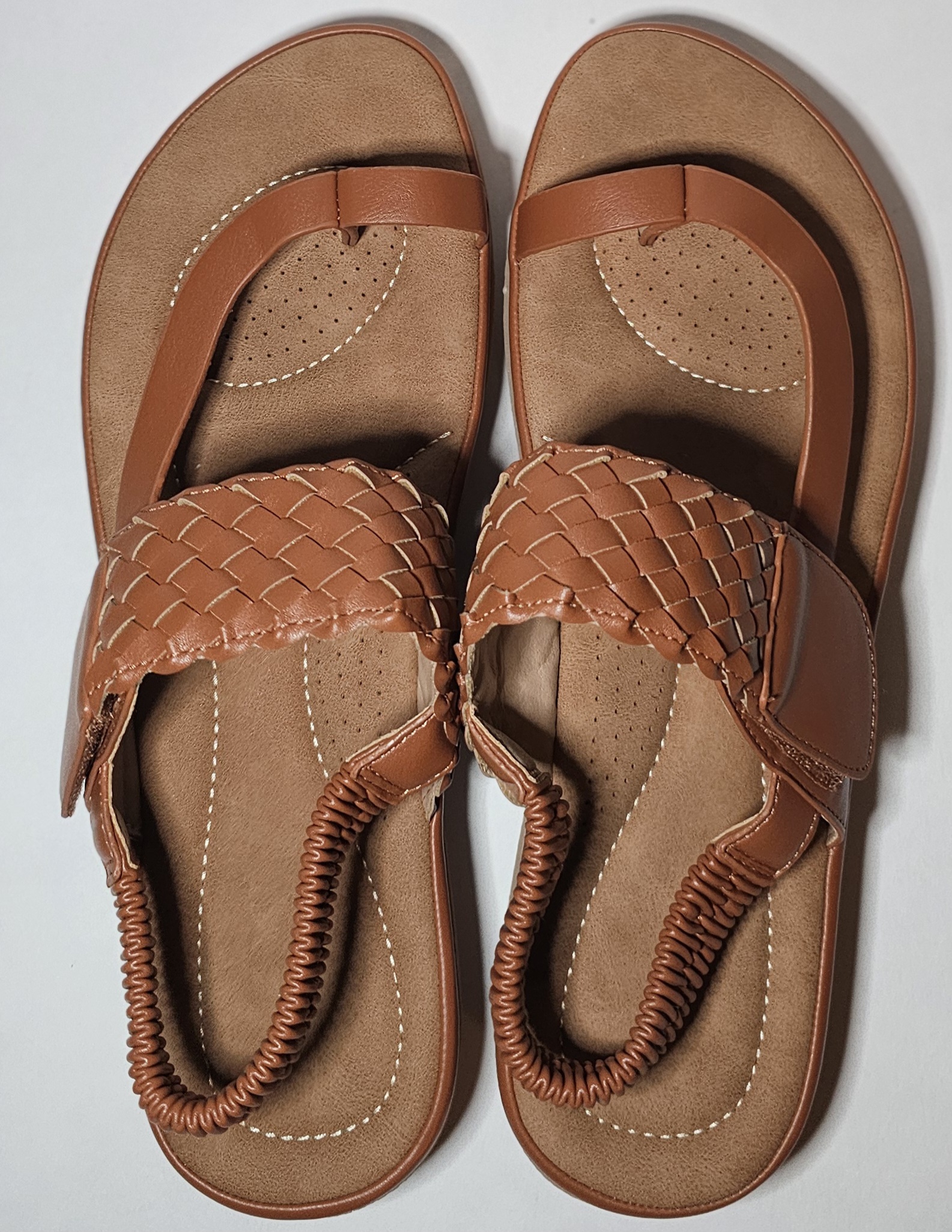 Size 10 Women’s Brown Thong Sandals Woven Braided Straps Hook & Loop Elastic Back