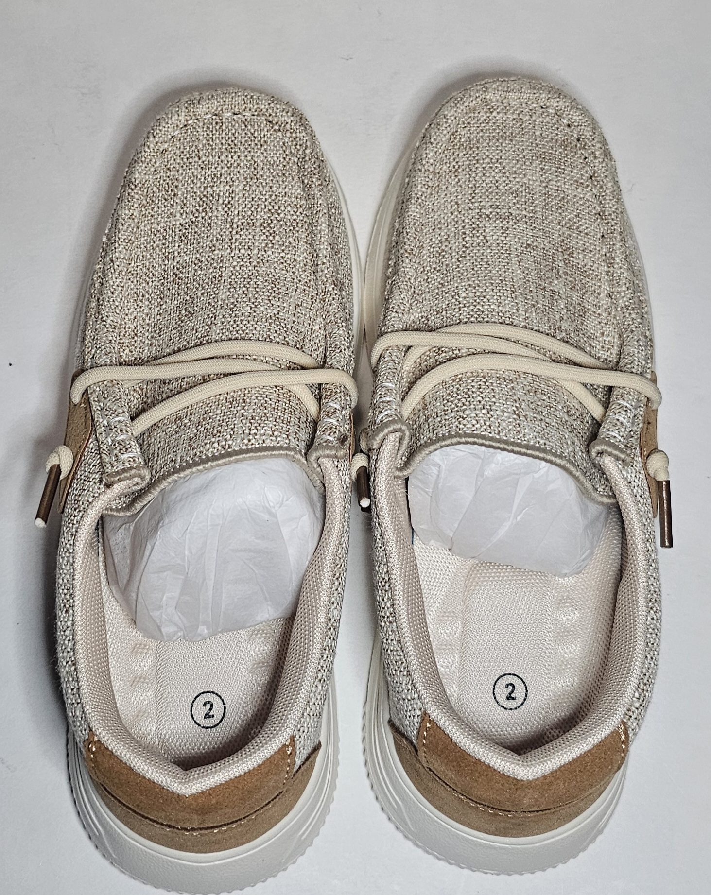 Boys Size 2 Beige Canvas Boat Shoes Lace Accents Casual Slip-On