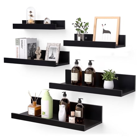Floating Shelves, Home Wood Shelf Wall Mounted, Set Of 5, Multiple Sizes, Black
