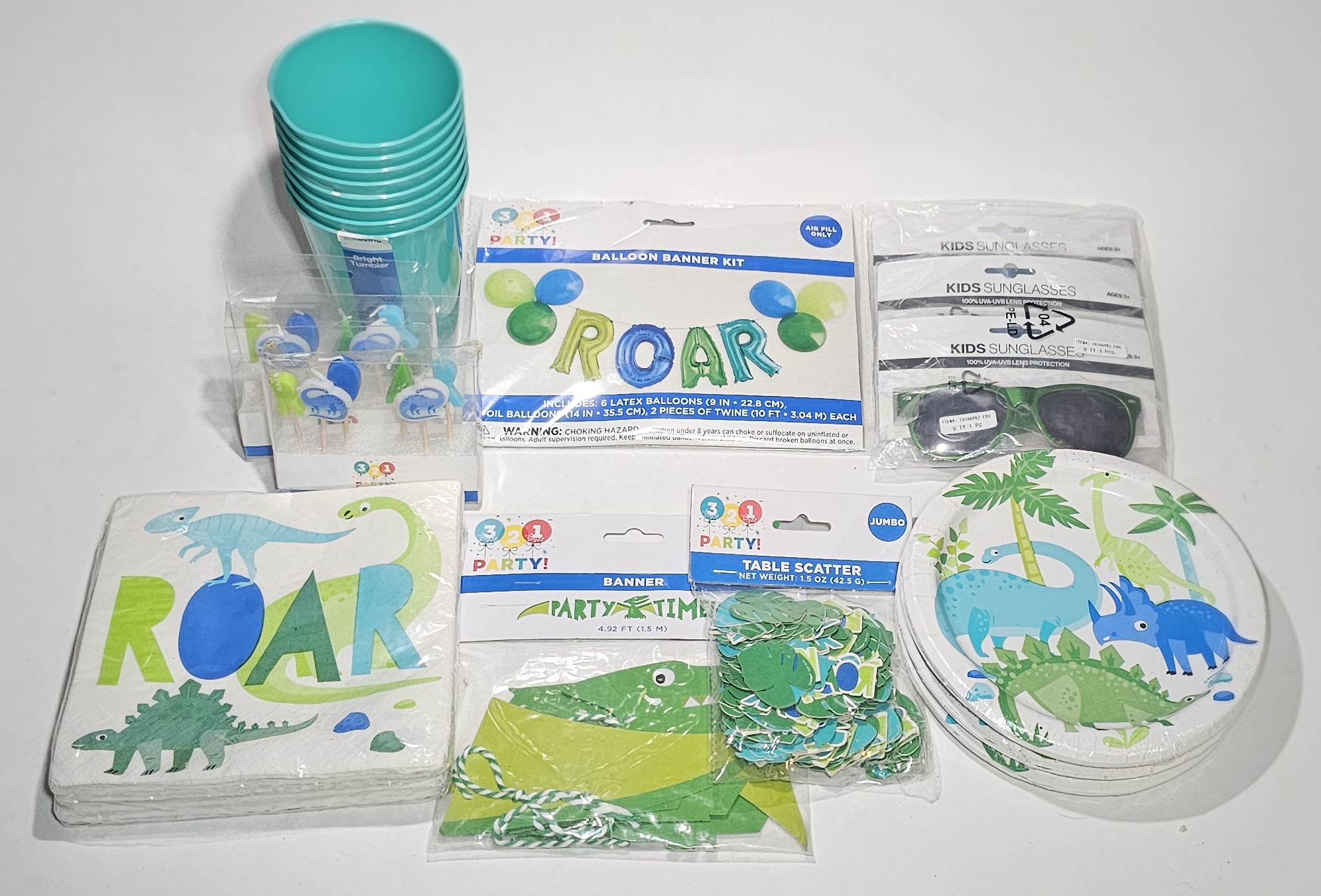 Dinosaur Birthday Party Supplies Bundle – Plates, Cups, Napkins, Balloons Banner