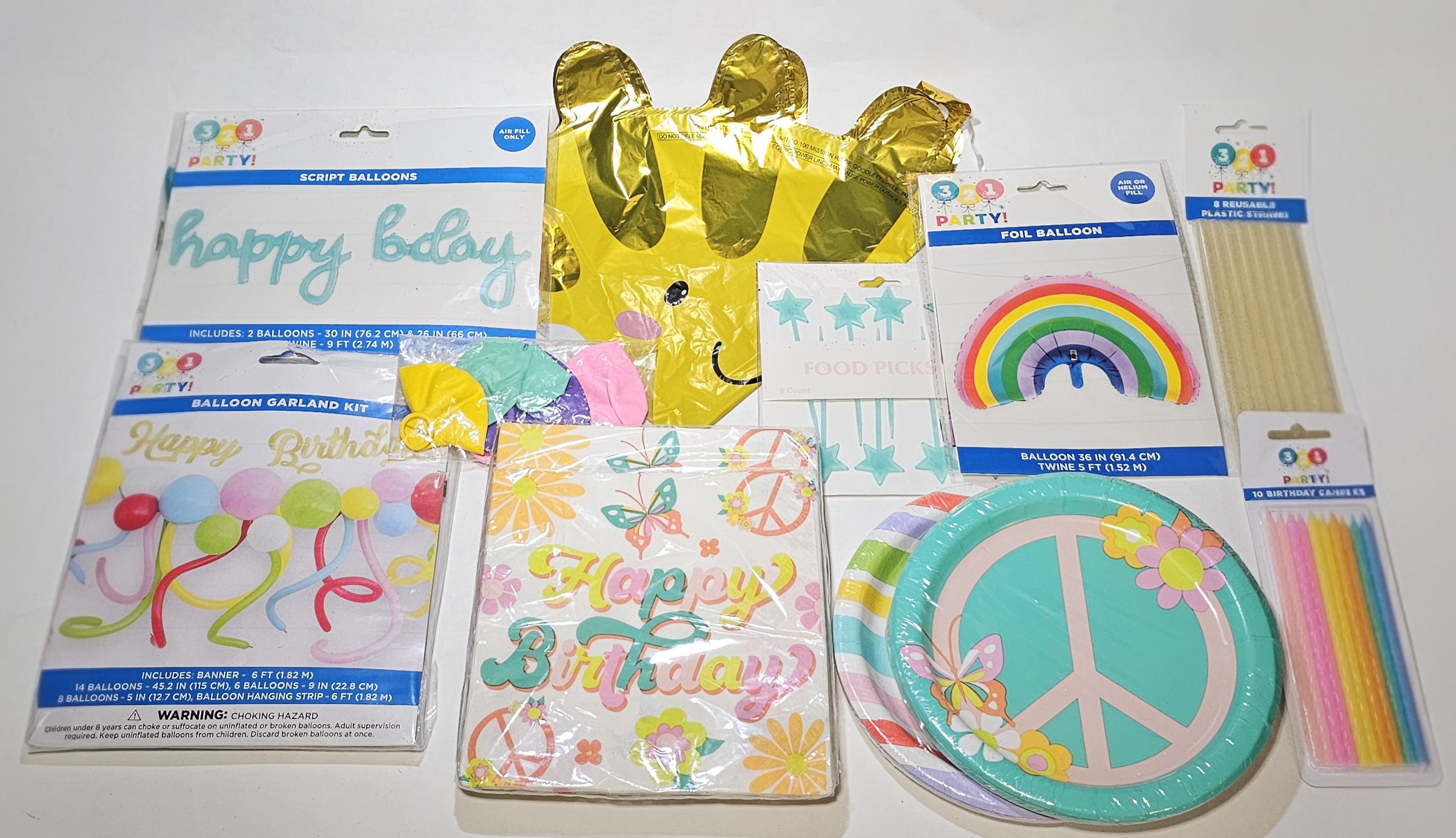 Happy Birthday Party Supplies Bundle – Rainbow, Crown & Peace Sign Decorations,