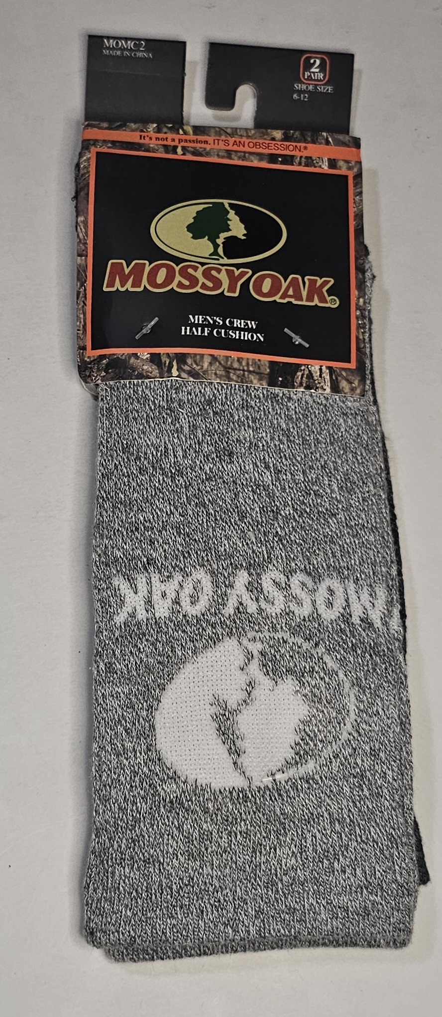 Mossy Oak Mens Crew Socks 2 Pairs Adult Shoe Size 6-12 Heather Hunting Gray