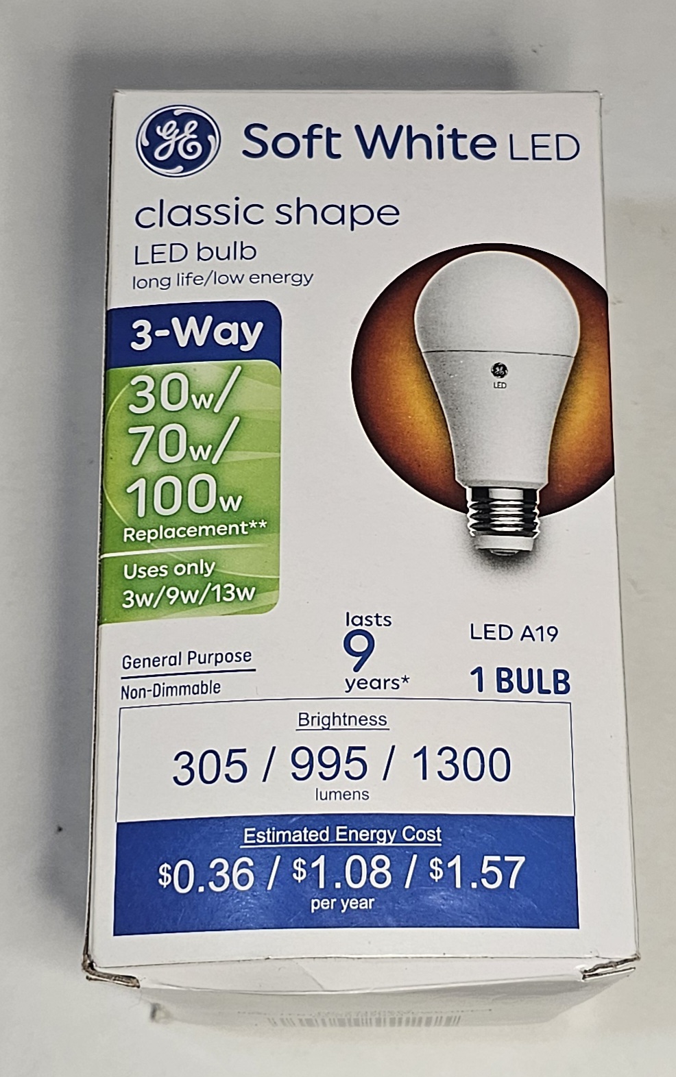 GE Soft White Classic Shape LED A19 Bulb 3-Way 30w/70w/100w Replacement NIB