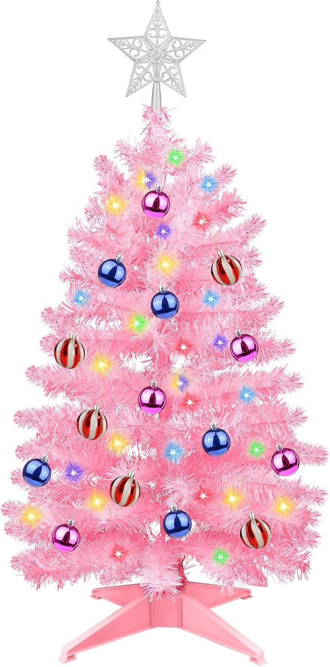 3FT Pink Christmas Tree Tinsel Fariy LED Ornament Battery Xmas Table Decor s3