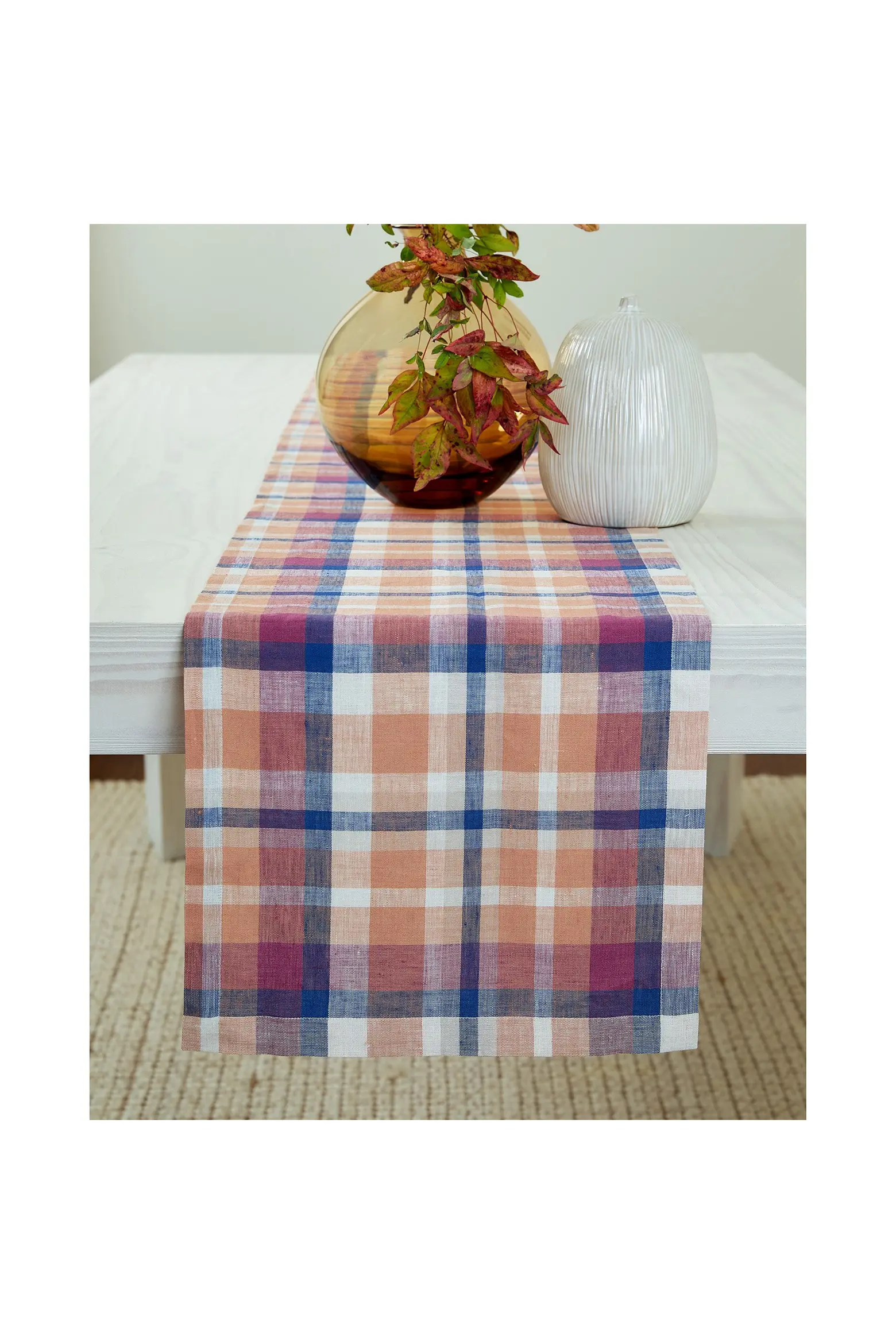 Solino Home Fall Flavors Madras Table Runner 14x36 100% Linen Multicolor
