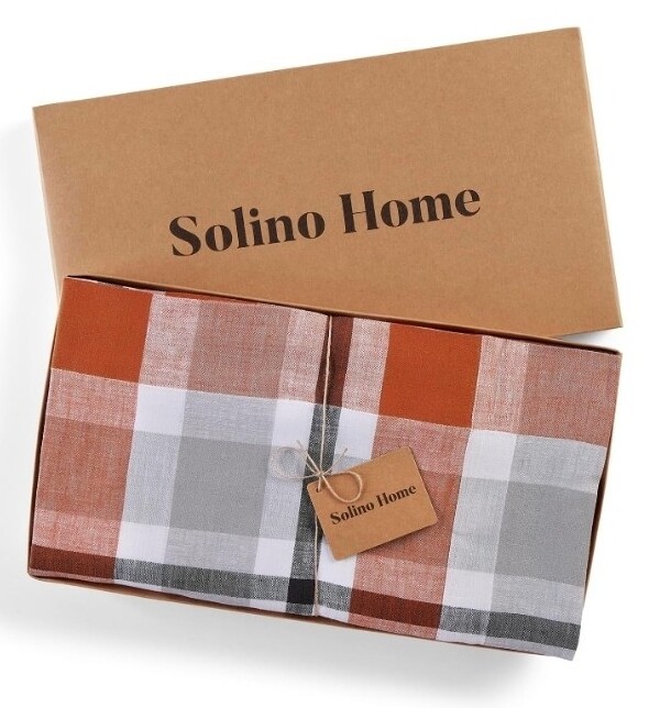 Solino Home 100% Linen Tablecloth 14x108 Cinnamon Buffalo Check Plaid Table Runner