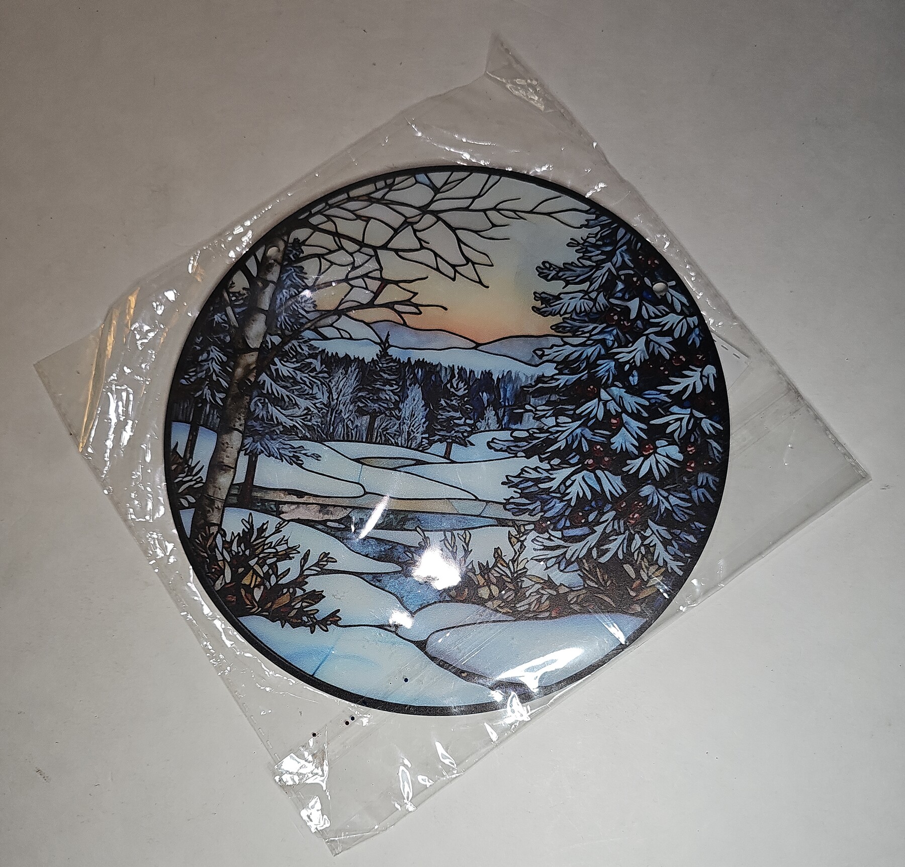 Round Stained Glass Suncatcher Window Panel Winter Landscape