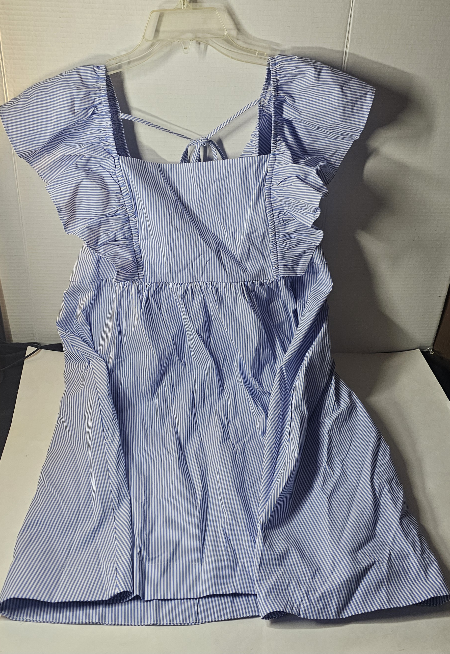 Size Xl (16-18) Pinned Striped Cotton Blue Ruffle Dress With Pockets