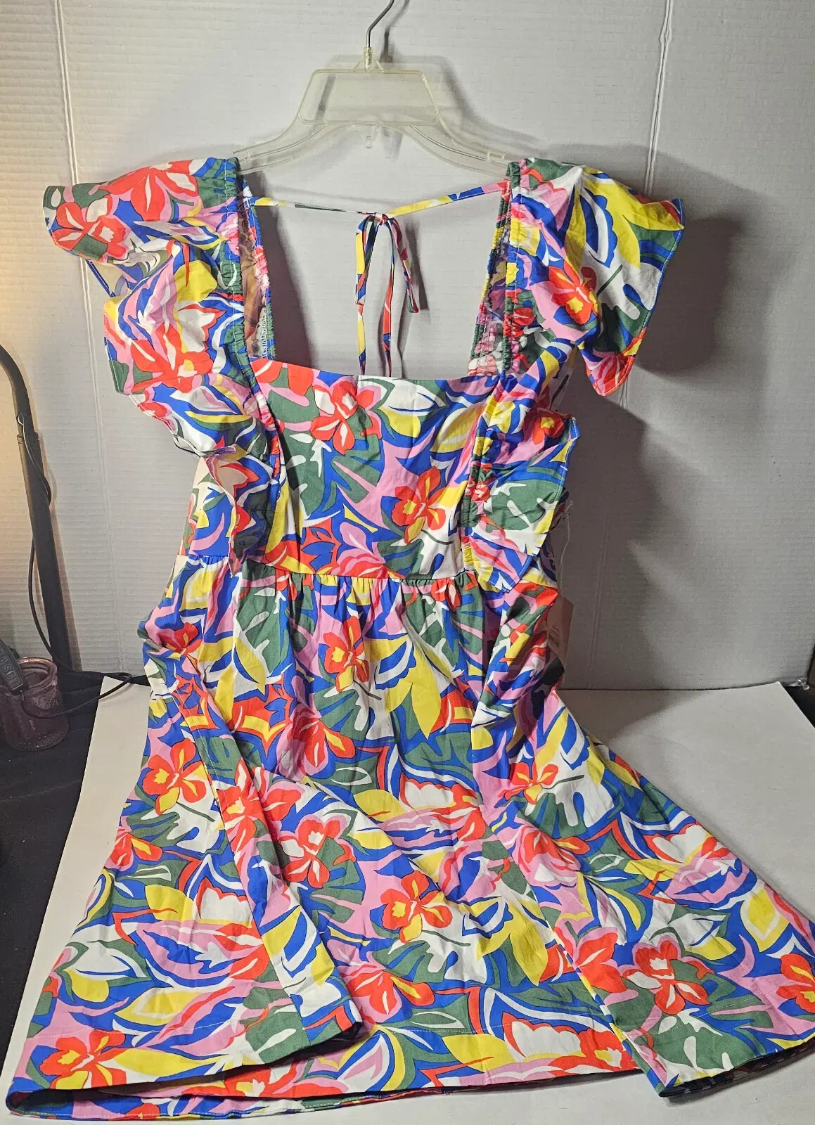 Size L (12-14) Free Assembly Women's Floral Multicolor Square Neck Flutter Mini Dress With Pockets